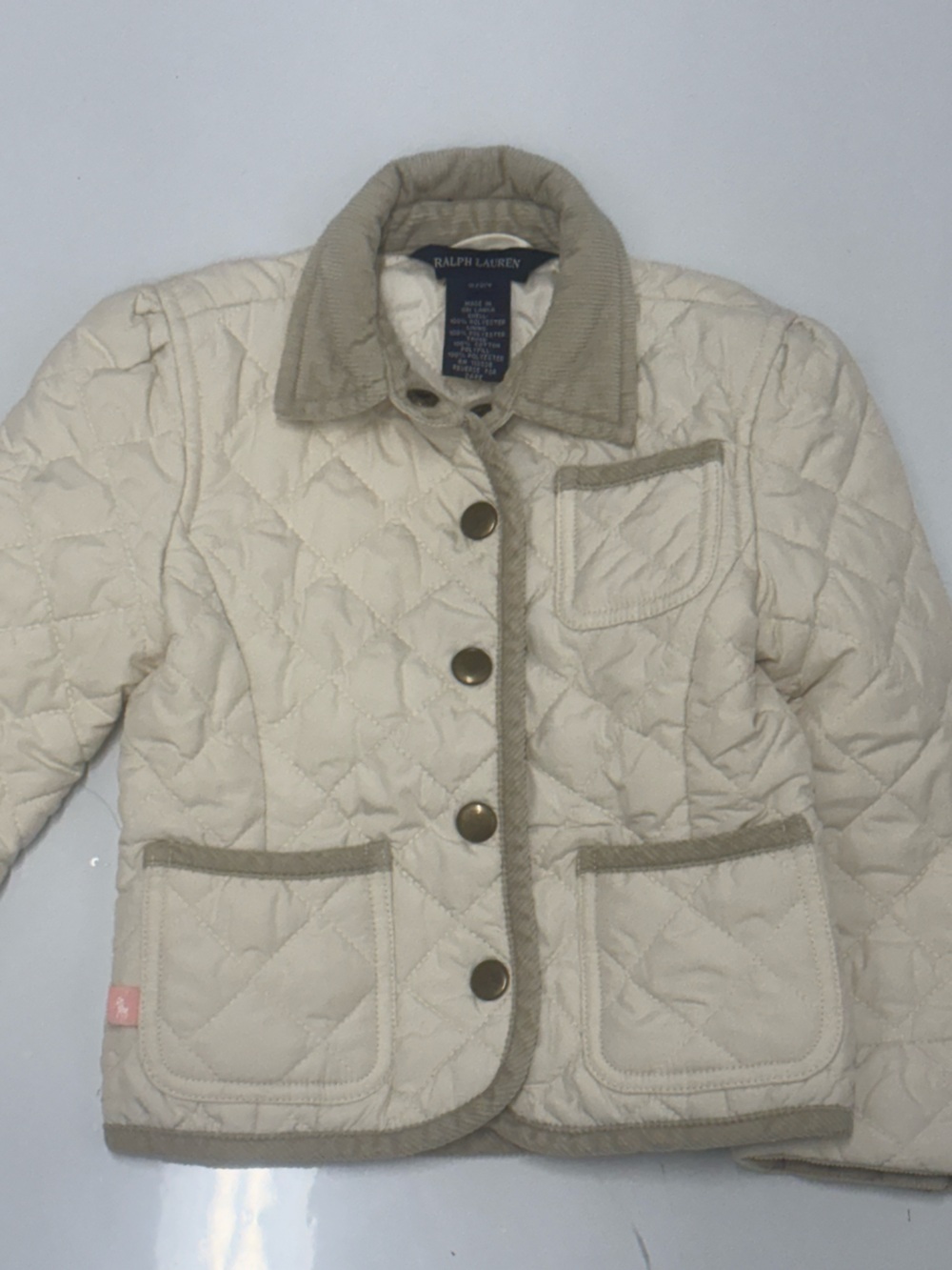 Ralph Lauren Cream Quilted Kids Puffer Jacket with Tan Trim